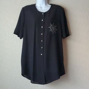 VTG Mode Sara of California black nautical button up blouse Medium